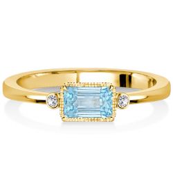 Bezel Setting Aquamarine Ring East West Emerald Cut 3 Stone Engagement Ring