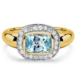 Italo Two Tone Aquamarine Ring Cushion Cut Halo Engagement Ring
