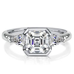 Italo Asscher Cut 3 Stone Engagement Ring Sterling Silver Rings