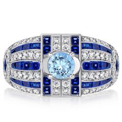 Italo Round Cut Aquamarine Cocktail Ring Art Deco Rings