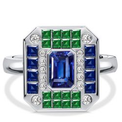 Italo Halo Blue Sapphire Asscher & Emerald Cut Engagement Ring