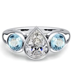Italo Bezel Setting Pear Cut Aquamarine Three Stone Engagement Rings