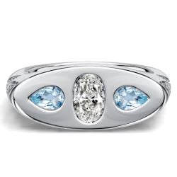 Italo Filigree Oval Cut Aquamarine Three Stone Engagement Ring For Women