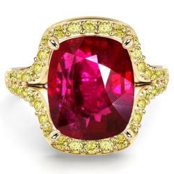 Italo Elongated Split Shank Yellow Topaz Halo Cushion Cut Ruby Ring