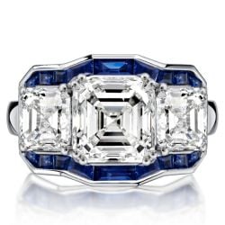 Italo Halo Asscher Cut Blue Sapphire Three Stone Engagement Ring For Women