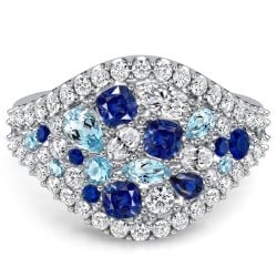 Italo Cluster Multi Cut Aquamarine & Blue Sapphire Unique Engagement Ring