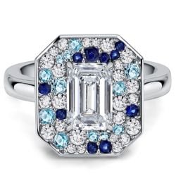 Italo Elongated Blue Sapphire Baguette Cut Halo Engagement Ring For Women