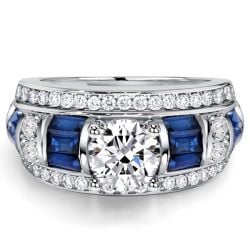 Italo Baguette & Round Blue & White Sapphire Engagement Ring For Women