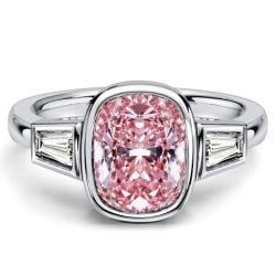 Italo Bezel Setting Pink Sapphire Cushion Cut Three Stone Engagement Ring