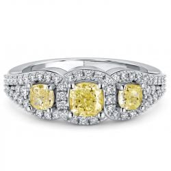 Italo Halo Yellow Topaz Cushion Cut Three Stone Engagement Ring For Women