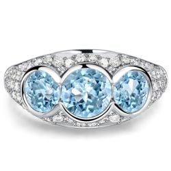 Italo Bezel Setting Round Cut Aquamarine Three Stone Engagement Ring For Women