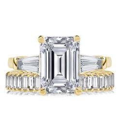 Italo Golden Three Stone Emerald Cut Engagement Rings Sets