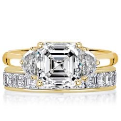 Italo Golden Three Stone Asscher Cut Engagement Ring Sets For Women