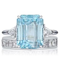 Italo Emerald Cut Aquamarine Three Stone Engagement Ring Sets For Women