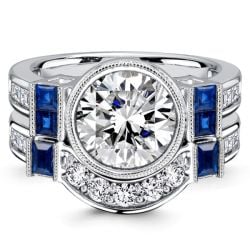Italo Blue & White Sapphire 2 Carat Round Cut Vintage Engagement Ring Set