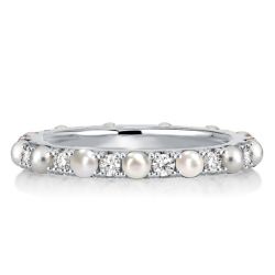Pearl & Round Cut Eternity Wedding Band In Sterling Silver