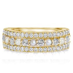 Yellow Gold Pearl & Round Cut Half Eternity Wedding Band