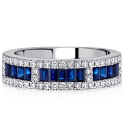 Blue Baguette Triple Row Half Eternity Wedding Band For Women