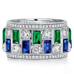 Milgrain Emerald Sapphire Wedding Band Vintage Eternity Band