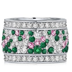 Italo Multi Row Green Emerald Wedding Band Pink Ring