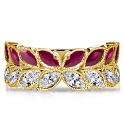 Italo Marquise Cut Ruby Ring Vintage Leaf Wedding Band