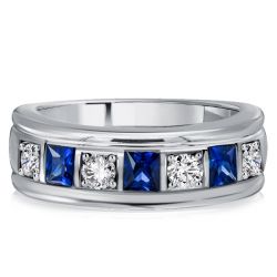 Italo Princess Cut White & Blue Sapphire Vintage Wedding Band