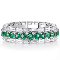 Baguette Edge Round Cut Emerald Sapphire Eternity Band For Women