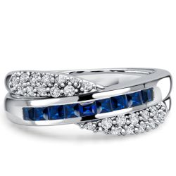 Italo Micro Pave Asscher Cut Blue Sapphire Criss-Cross Wedding Band