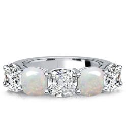 Italo Five Stone Cushion Cut White Sapphire Opal wedding band