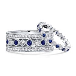 Vintage Blue Sapphire Milgrain Eternity Couple Wedding Rings