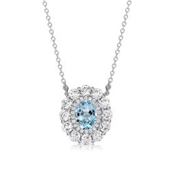 Halo Oval Cut Aquamarine Pendant Necklace For Women