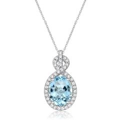 Halo Oval Cut Aquamarine Pendant Necklace For Women