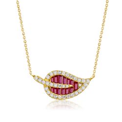 Baguette Cut Ruby Leaf Pendant Necklace For Women
