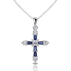 Italo Tap Baguette Cut Blue Sapphire Cross Necklace For Women
