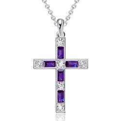 Italo Baguette Cut Amethyst Silver Cross Necklace For Women
