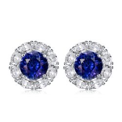 Classic Halo White & Blue Sapphire Stud Earrings