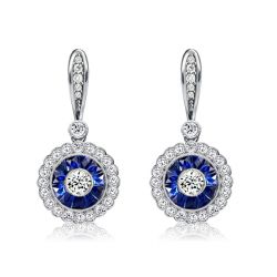 Italo Halo Round Cut White & Blue Sapphire Drop Earrings