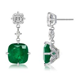 Cushion Cut Lotus Design Emerald Green Drop Earrings For Women