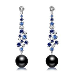Bezel Round Blue & Black Pearl Drop Earrings Silver Earrings