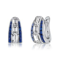 Emerald Cut White & Blue Sapphire Hoop Earrings Vintage