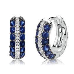 Italo Triple Row Blue & White Round Huggie Hoop Sliver Earrings