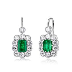 Art Deco Emerald Cut Cluster Emerald Drop Earrings In Silver