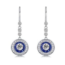 Italo Blue Sapphire Drop Earrings Vintage Halo Drop Earrings