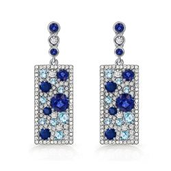 Pave Setting Blue Sapphire Rectangular Drop Earrings In Silver