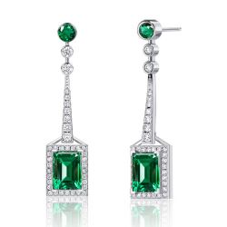 Emerald Cut Rectangle Emerald Drop Earrings In Sterling Silver