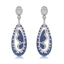 Dancing Butterfly Pave Setting Blue Drop Earrings In 925 Silver