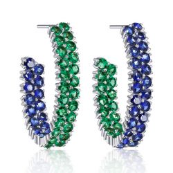 Italo Blue & Emerald Sapphire Hoop Earrings In Sterling Silver