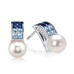 Italo Aquamarine Sapphire Pearl Stud Earrings In Sterling Silver