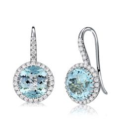 Italo Aquamarine Earrings Round Cut Halo Drop Earrings