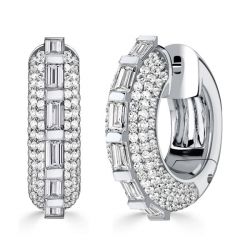 Italo Bar and Pave Setting Silver Hoop Earrings For Women